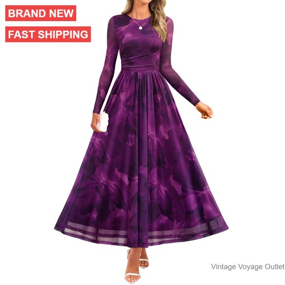 Long Sleeve Mesh Maxi Dress Floral Print Ruched Waist Party Wedding Guest -  coffeafoods.com